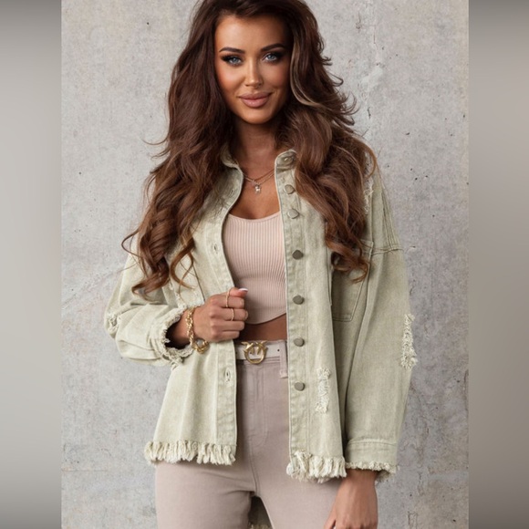 Olive Green Distressed with Frayed Hem Button Down Denim Jacket, Relaxed Fit, M - Picture 5 of 14